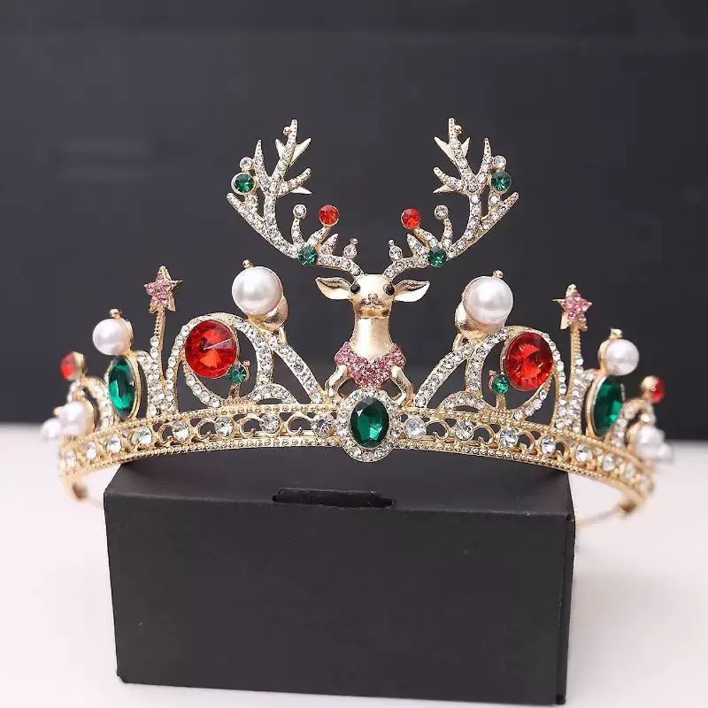 Elegant Gold Reindeer Tiara with Red and Green Accents
